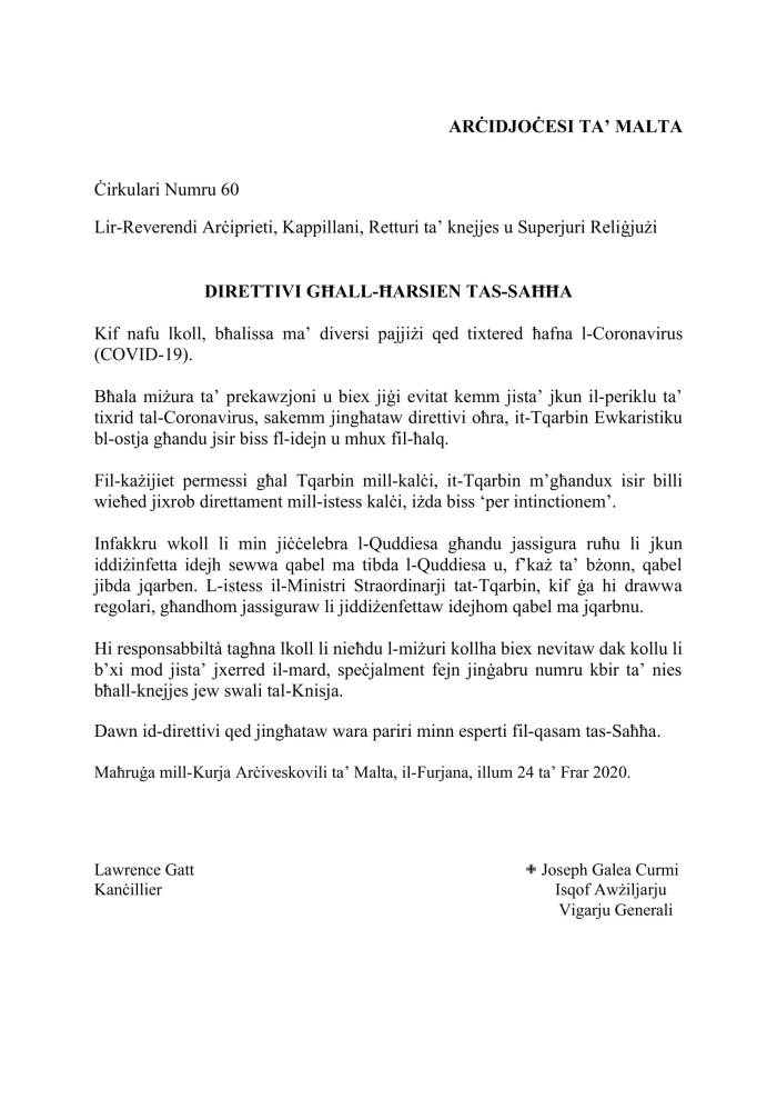 Cirkulari 60 Direttivi ghall-harsien tas-sahha